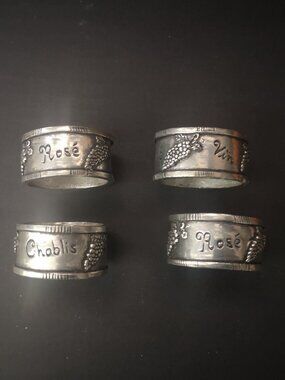 Basic Spirit Set of 4 Pewter Napkin Rings Collectable Wine Theme